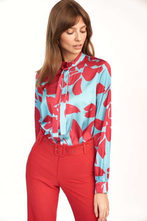 Bluzka z fontaziem w kwiaty B136 Turkus/Flowers - Nife Bluzka z fontaziem w kwiaty B136 Turkus/Flowers - Nife