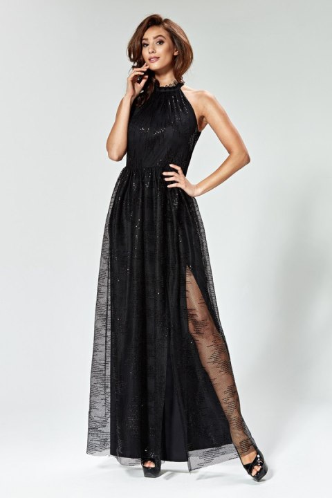 Sukienka Kreszowana sukienka maxi ze stójką 1761 Black - Marselini Sukienka Kreszowana sukienka maxi ze stójką 1761 Black - Marselini