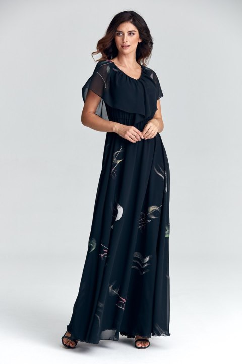 Sukienka maxi z falbaną w abstrakcyjne wzory 1990 Black - Marselini Sukienka maxi z falbaną w abstrakcyjne wzory 1990 Black - Marselini
