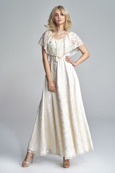 Sukienka maxi z falbaną w delikatny wzór 1874 Beige - Marselini Sukienka maxi z falbaną w delikatny wzór 1874 Beige - Marselini